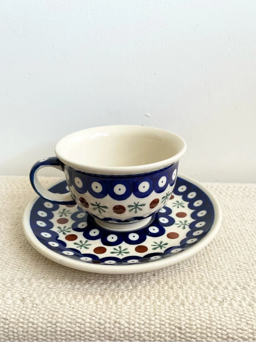Boleslawiec Polish Pottery Peacock Blue Eyes Tea Coffee Cup Saucer
